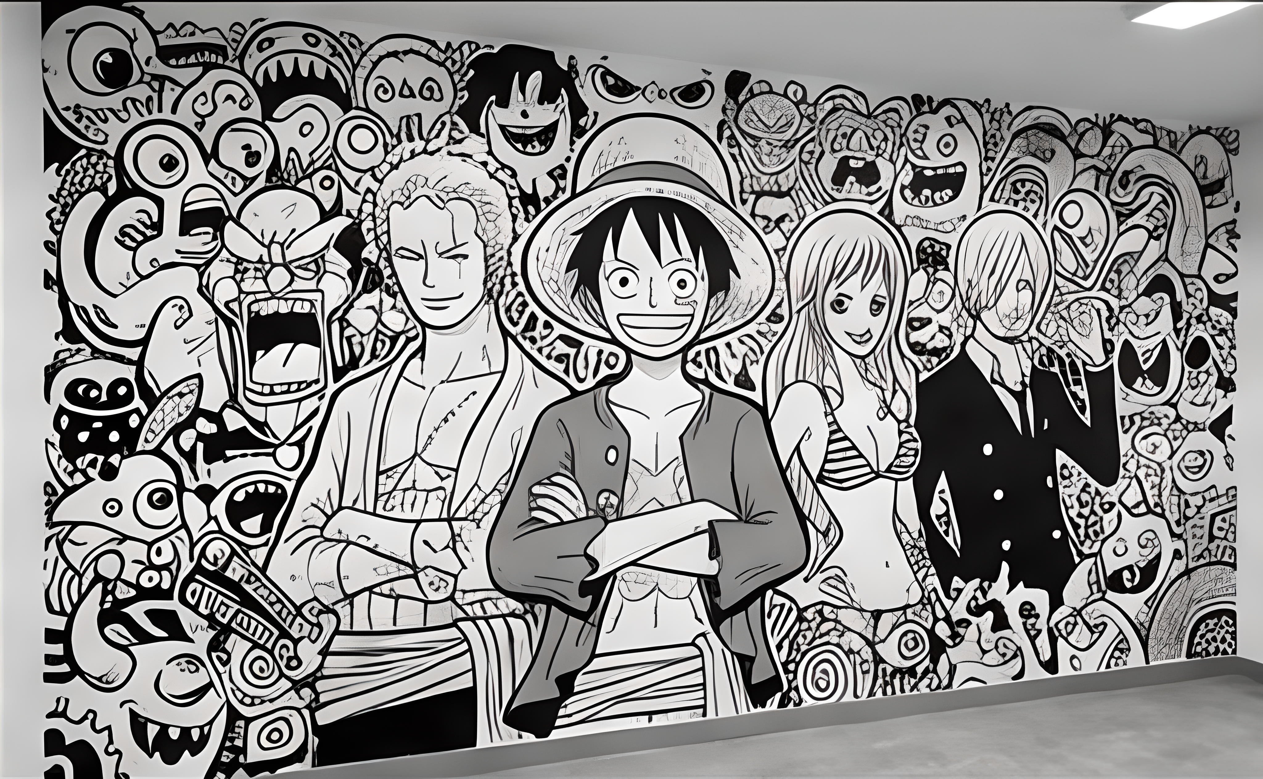 Black and white doodle mural in a modern office space