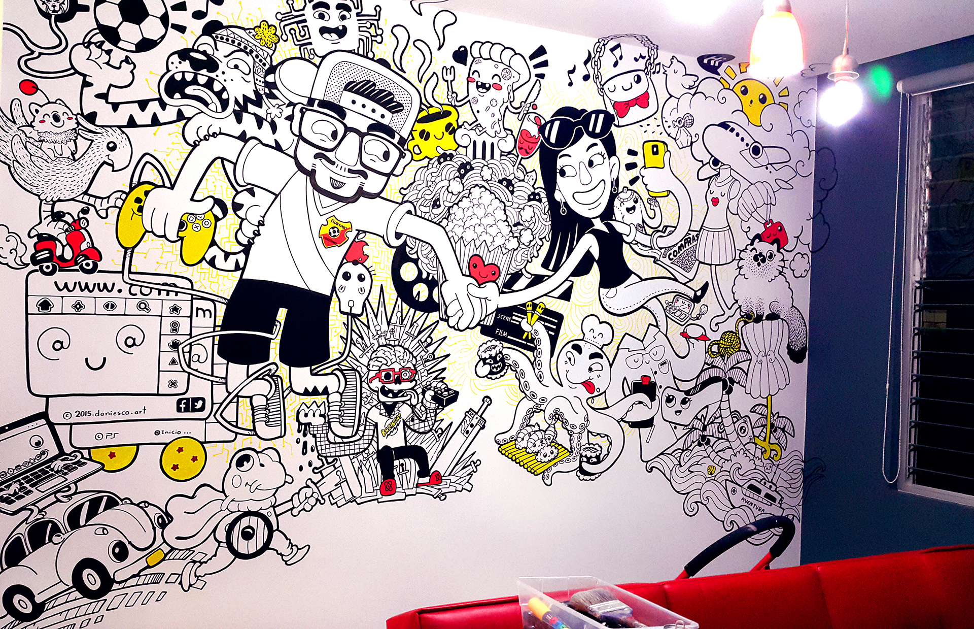 Vibrant street art mural with abstract shapes