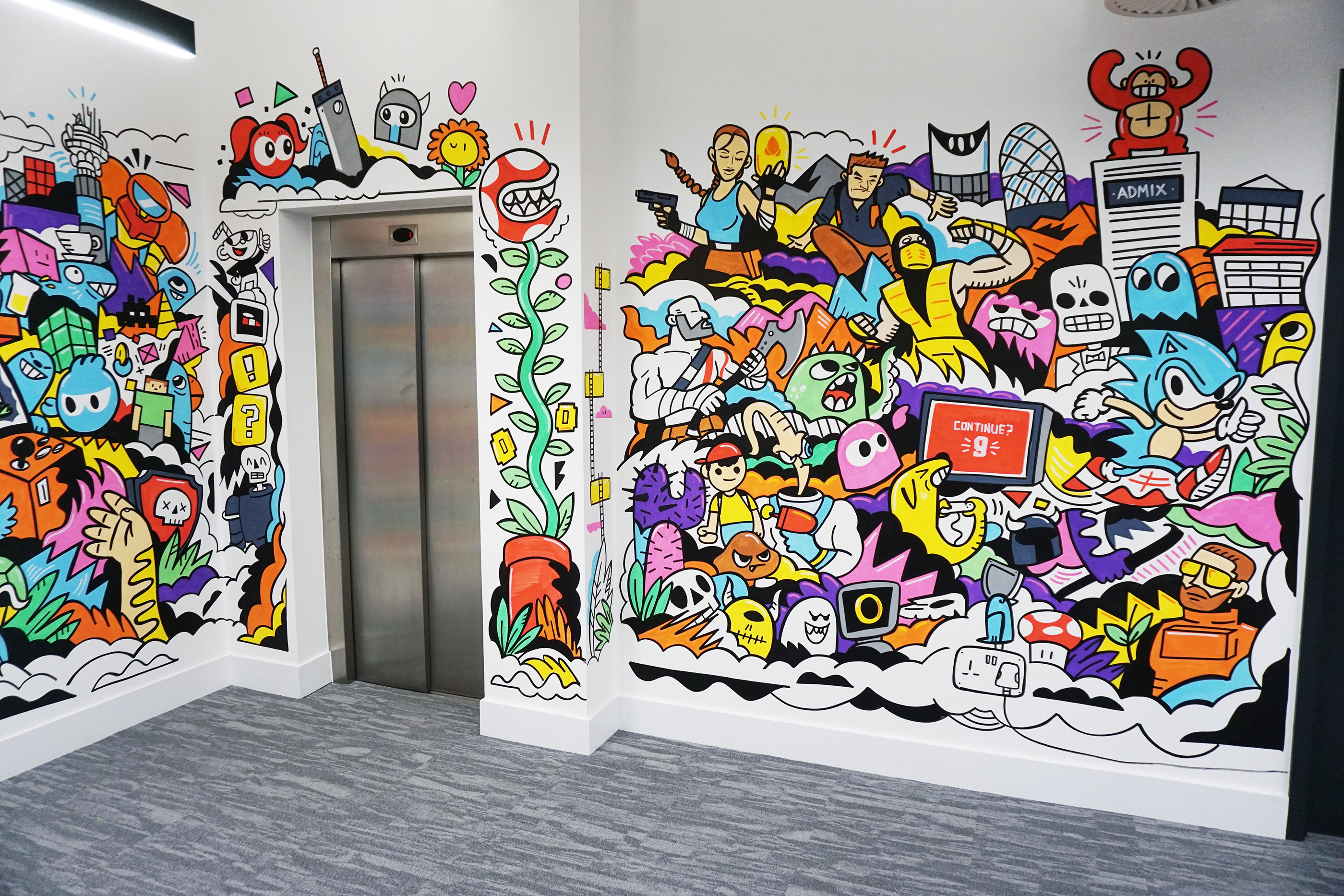 Abstract graffiti wall art with geometric shapes